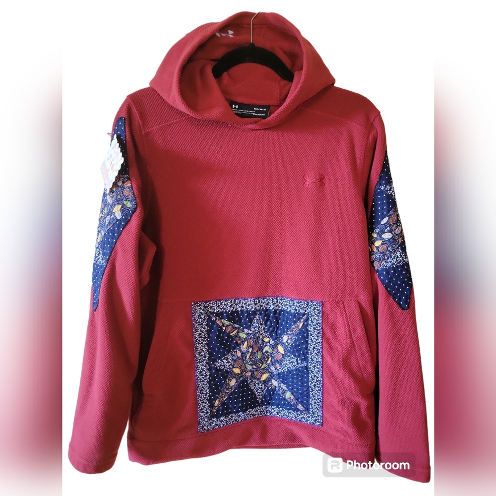 Upcycled Hand Crafted Burnt Orange Hooded Sweatshirt with Quilt Star Applique